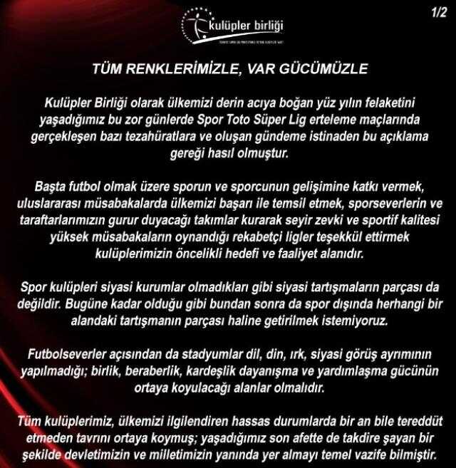 'Siyasi tartışmaların parçası değiliz' açıklamasını Beşiktaş, F.Bahçe ve G.Saray da paylaştı