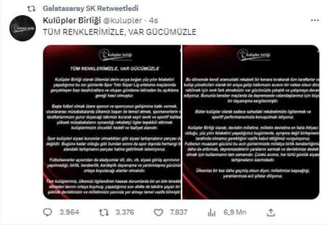 'Siyasi tartışmaların parçası değiliz' açıklamasını Beşiktaş, F.Bahçe ve G.Saray da paylaştı