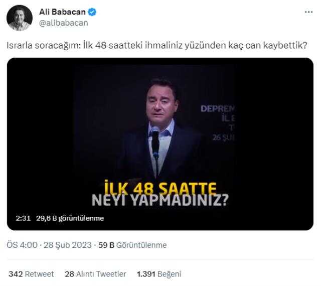 Babacan'dan hükümete sert soru: İlk 48 saatteki ihmaliniz yüzünden kaç can kaybettik