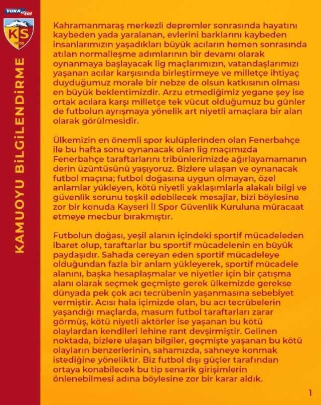 Kayserispor'dan Fenerbahçe maçı açıklaması: Mesele Fenerbahçe taraftarı ile ilgili değildir