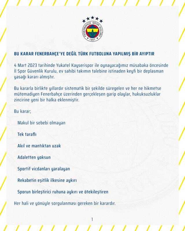 Deplasman yasağı için Fenerbahçe'den sert açıklama: Bu ayıp Türk futboluna yapılmıştır