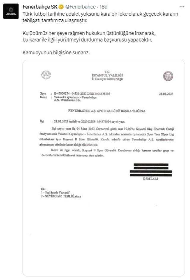 Son Dakika: Fenerbahçe, Kayserispor maçı için getirilen deplasman yasağı ile ilgili harekete geçti