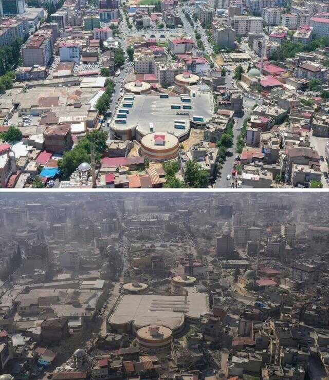 Kahramanmaraş'ta deprem öncesi ve sonrası çekilen fotoğraflar kentteki yıkımı ortaya koyuyor