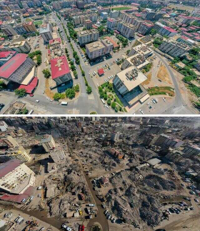 Kahramanmaraş'ta deprem öncesi ve sonrası çekilen fotoğraflar kentteki yıkımı ortaya koyuyor