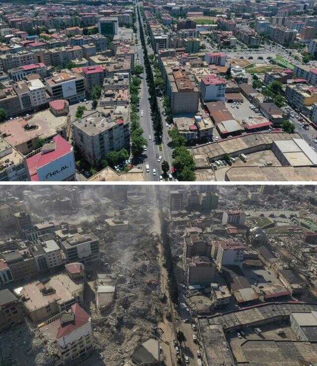 Kahramanmaraş'ta deprem öncesi ve sonrası çekilen fotoğraflar kentteki yıkımı ortaya koyuyor