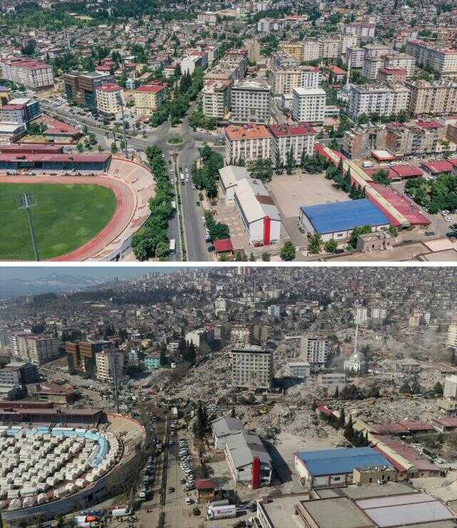 Kahramanmaraş'ta deprem öncesi ve sonrası çekilen fotoğraflar kentteki yıkımı ortaya koyuyor
