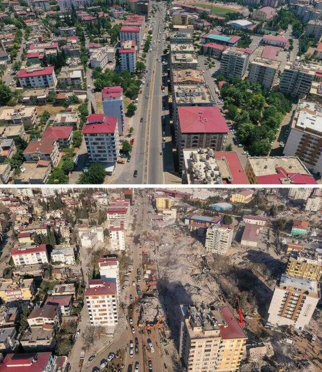 Kahramanmaraş'ta deprem öncesi ve sonrası çekilen fotoğraflar kentteki yıkımı ortaya koyuyor