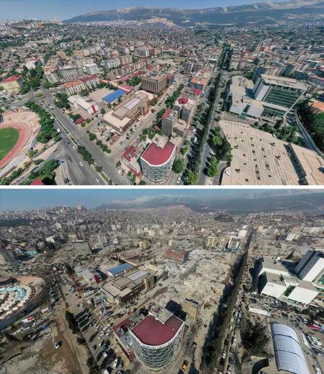 Kahramanmaraş'ta deprem öncesi ve sonrası çekilen fotoğraflar kentteki yıkımı ortaya koyuyor