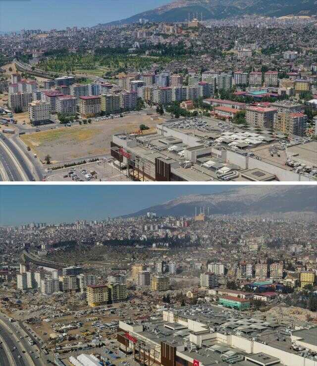 Kahramanmaraş'ta deprem öncesi ve sonrası çekilen fotoğraflar kentteki yıkımı ortaya koyuyor