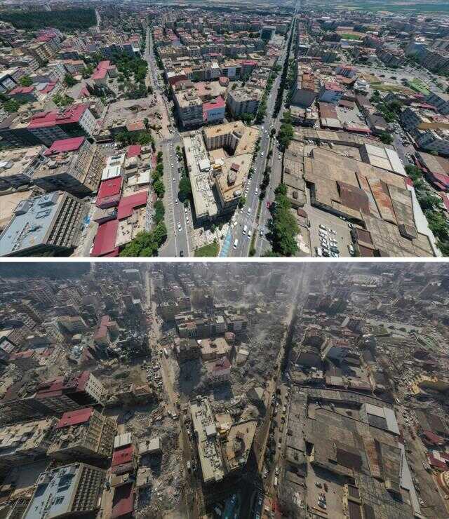 Kahramanmaraş'ta deprem öncesi ve sonrası çekilen fotoğraflar kentteki yıkımı ortaya koyuyor