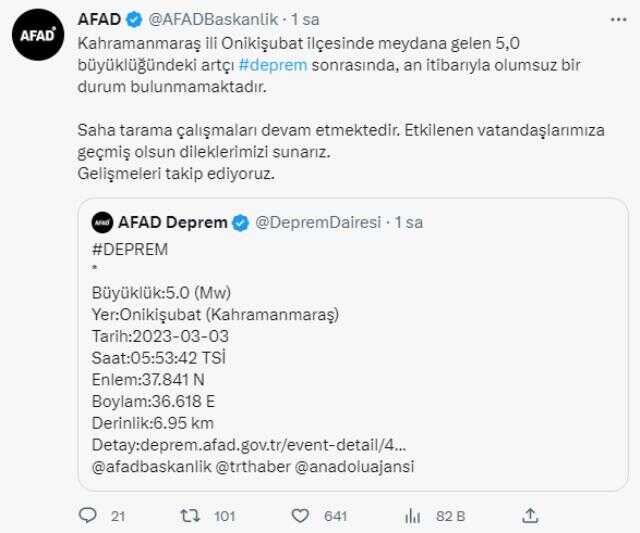11 ilde yıkıma neden olan depremin merkez üssü Kahramanmaraş'ta 5 büyüklüğünde artçı sarsıntı