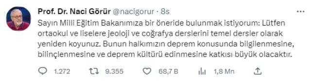 Naci Görür'den Milli Eğitim Bakanı'na çağrı: Ortaokul ve liselere jeoloji ve coğrafya derslerini temel dersler olarak yeniden koyunuz