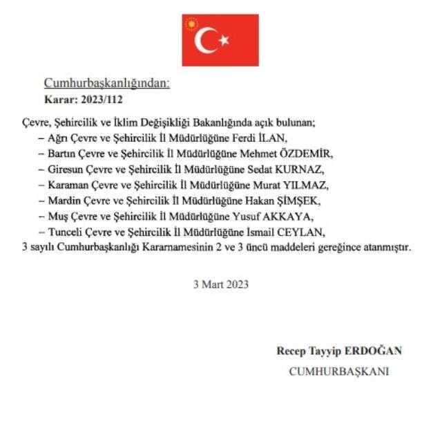 Cumhurbaşkanı Erdoğan'ın imzasıyla 7 ile çevre ve şehircilik il müdürü atandı Cumhurbaşkanı Erdoğan'ın imzasıyla 7 ile çevre ve şehircilik il müdürü atandı