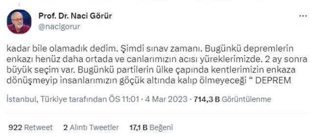 Naci Görür: Depremle ilgili projelerinden tatmin olmadığınız hiçbir partiye oy vermeyin