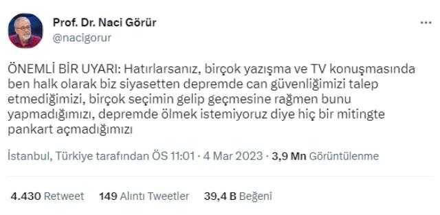Naci Görür: Depremle ilgili projelerinden tatmin olmadığınız hiçbir partiye oy vermeyin