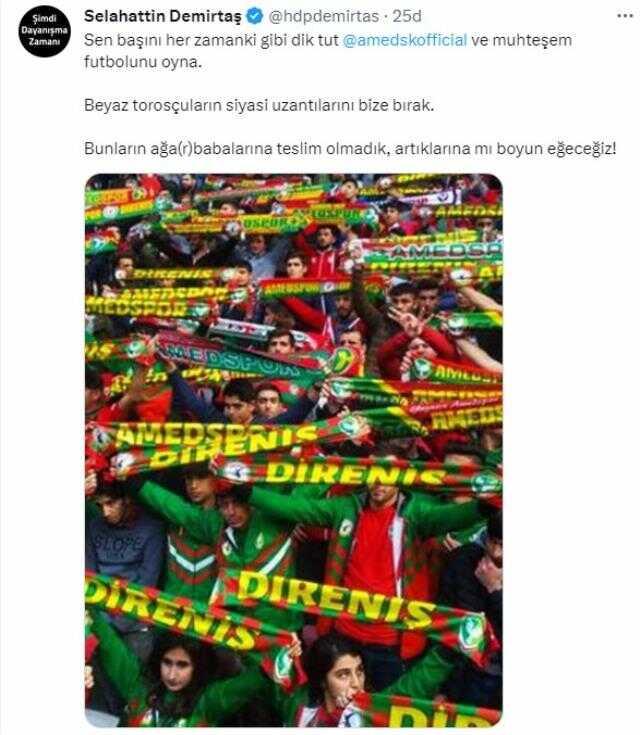 Selahattin Demirtaş, Bursaspor-Amedspor maçında çıkan olayla ilişkin paylaşımda bulundu Selahattin Demirtaş, Bursaspor-Amedspor maçında çıkan olayla ilişkin paylaşımda bulundu