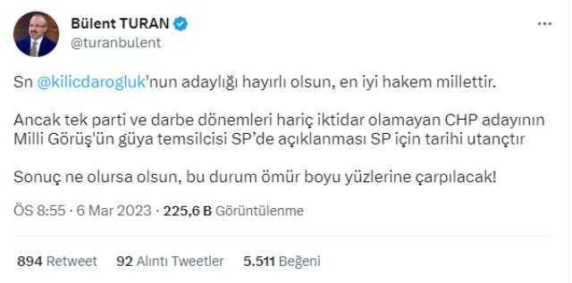 AK Parti'den Kılıçdaroğlu'nun adaylığına ilk yorum! Bülent Turan'ın sözleri Saadet Partilileri kızdıracak AK Parti'den Kılıçdaroğlu'nun adaylığına ilk yorum! Bülent Turan'ın sözleri Saadet Partilileri kızdıracak