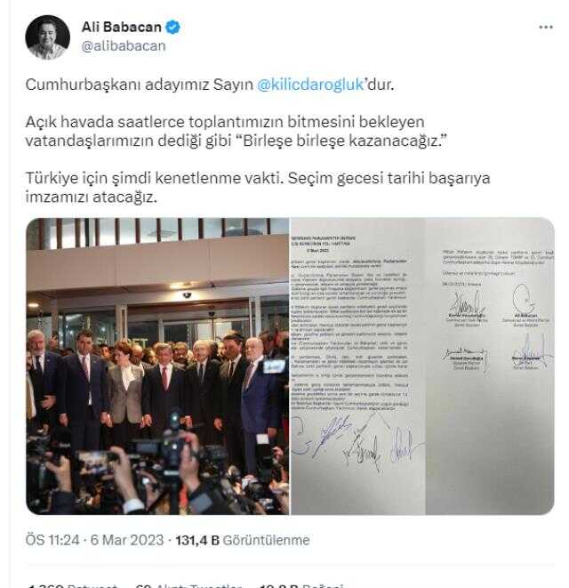 Babacan'dan Kılıçdaroğlu'nun adaylığının ilanı sonrası dikkat çeken paylaşım: Birleşe birleşe kazanacağız Babacan'dan Kılıçdaroğlu'nun adaylığının ilanı sonrası dikkat çeken paylaşım: Birleşe birleşe kazanacağız
