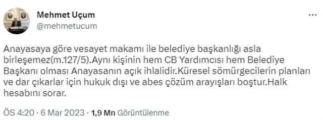 Cumhurbaşkanı Başdanışmanı Uçum: İmamoğlu ve Yavaş cumhurbaşkanı yardımcısı olamaz, anayasanın açık ihlalidir