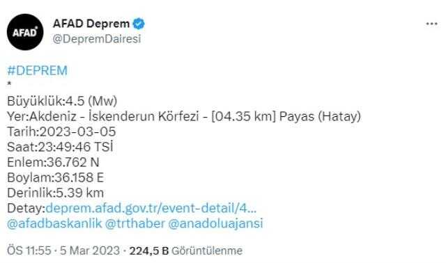 İskenderun Körfezi'nde 4,5 büyüklüğünde deprem