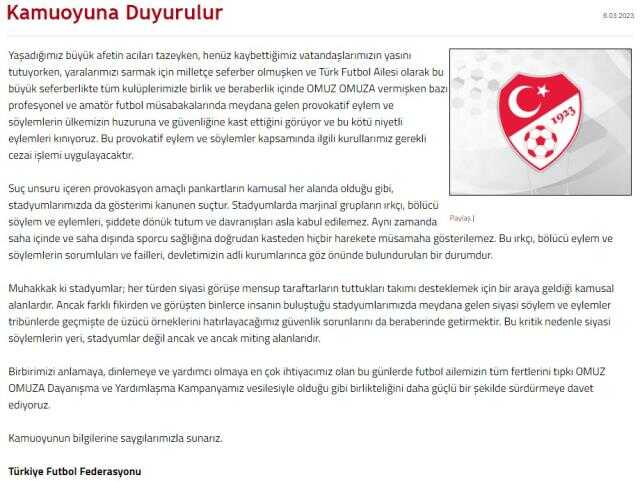 TFF'den provokatif eylemlere karşı kınama mesajı