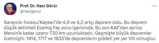 Bugünkü sarsıntıların ardından Naci Görür 5 ili uyardı: Depremler olabilir Bugünkü sarsıntıların ardından Naci Görür 5 ili uyardı: Depremler olabilir