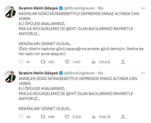Melih Gökçek, 8 Mart Dünya Kadınlar Günü'nde Anneler Günü'nü kutladı
