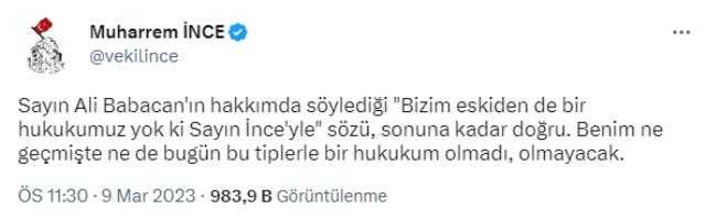 Muharrem İnce'den Babacan'a sert yanıt: Bu tiplerle hukukum olmadı, olmayacak Muharrem İnce'den Babacan'a sert yanıt: Bu tiplerle hukukum olmadı, olmayacak