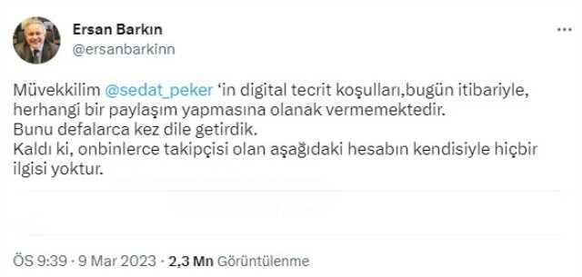 Sosyal medyada gündem olan paylaşım sonrası Sedat Peker'in avukatından açıklama geldi: Hesabın müvekkilimle alakası yoktur Sosyal medyada gündem olan paylaşım sonrası Sedat Peker'in avukatından açıklama geldi: Hesabın müvekkilimle alakası yoktur
