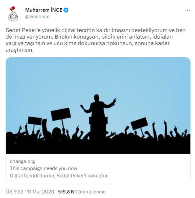Muharrem İnce'den Sedat Peker için başlatılan kampanyaya destek: Bırakın konuşsun