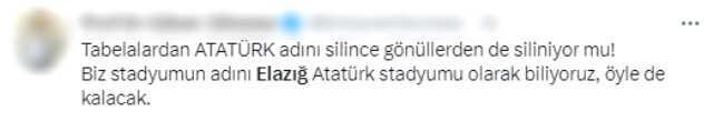 Elazığspor'un stadından Atatürk'ün adı çıkarıldı! Tepkilerin ardı arkası kesilmiyor Elazığspor'un stadından Atatürk'ün adı çıkarıldı! Tepkilerin ardı arkası kesilmiyor