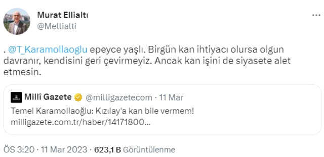 Karamollaoğlu'na Kızılay Genel Sekreter Yardımcısı Ellialtı'ndan çok konuşulacak yanıt: Epeyce yaşlı, kan ihtiyacı olursa kendisini geri çevirmeyiz