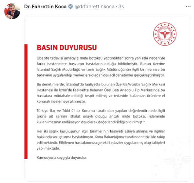 Sağlık Bakanlığı İstanbul ve İzmir'de mide botoksu yapan iki merkeze soruşturma başlattı