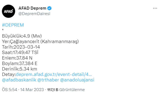 Son Dakika: Kahramanmaraş'ta 4.9 büyüklüğünde deprem meydana geldi