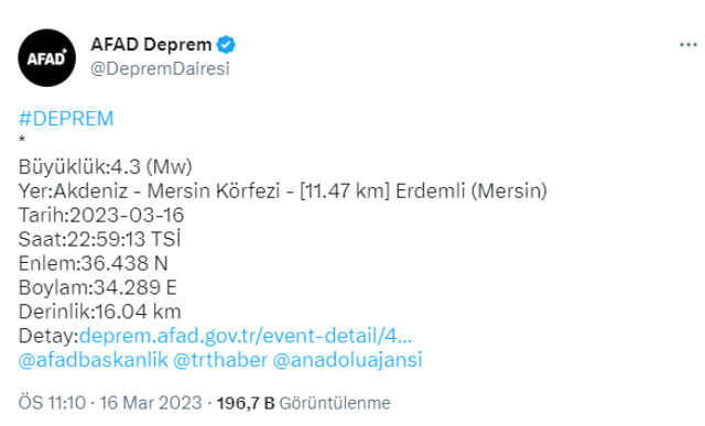 Mersin açıklarında 4.3 büyüklüğünde deprem meydana geldi