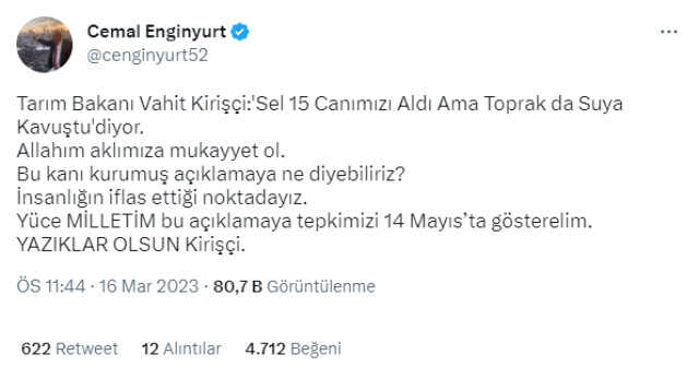 Bakan Kirişci'den muhalefetin tepkisini çeken sel yorumu: 15 canımızı aldı ama toprak da suya kavuştu Bakan Kirişci'den muhalefetin tepkisini çeken sel yorumu: 15 canımızı aldı ama toprak da suya kavuştu