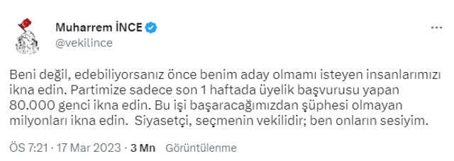 İnce, 'Kılıçdaroğlu lehine adaylıktan çekil' çağrılarına İnce yanıt verdi: Beni değil, milyonları ikna edin İnce, 'Kılıçdaroğlu lehine adaylıktan çekil' çağrılarına İnce yanıt verdi: Beni değil, milyonları ikna edin