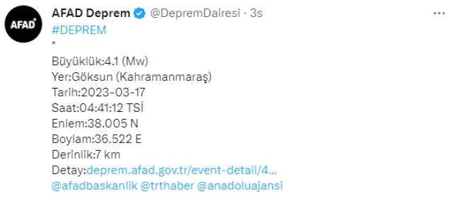 Kahramanmaraş'ta 4,1 büyüklüğünde deprem Kahramanmaraş'ta 4,1 büyüklüğünde deprem