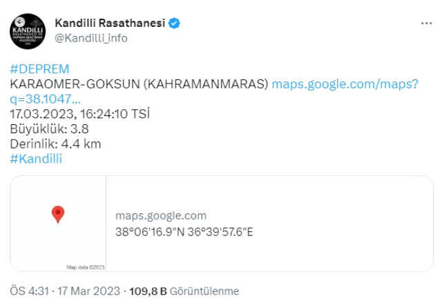 Son Dakika: Kahramanmaraş'ın Göksun ilçesinde 4 büyüklüğünde deprem meydana geldi