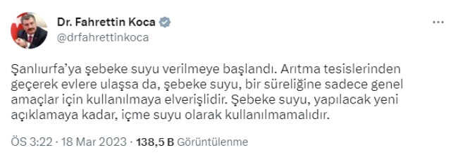 Bakan Koca: Şanlıurfa'ya şebeke suyu verilmeye başlandı