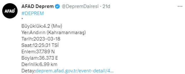 Son Dakika! Kahramanmaraş'ın Andırın ilçesinde 4.2 büyüklüğünde deprem Son Dakika! Kahramanmaraş'ın Andırın ilçesinde 4.2 büyüklüğünde deprem