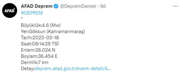 Son Dakika! Kahramanmaraş'ın Göksun ilçesinde 4.6 büyüklüğünde bir deprem Son Dakika! Kahramanmaraş'ın Göksun ilçesinde 4.6 büyüklüğünde bir deprem
