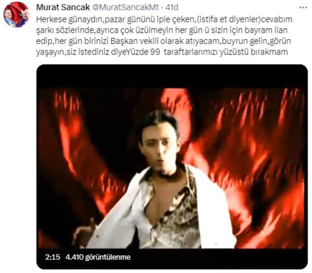 Murat Sancak'tan istifa edeceği iddialarına ilginç cevap! Mustafa Sandal'ın efsane şarkısını paylaştı Murat Sancak'tan istifa edeceği iddialarına ilginç cevap! Mustafa Sandal'ın efsane şarkısını paylaştı