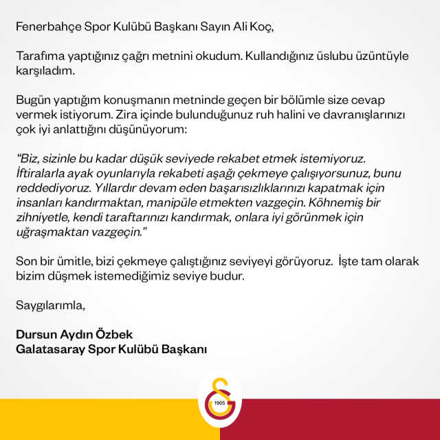 Dursun Özbek, canlı yayına çıkma teklifini reddetti! Ali Koç'a yolladığı cevap çok konuşulur