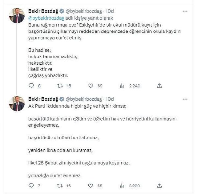 Bakan Bozdağ'dan, okul müdürüne başörtüsü tepkisi: Çağdaş yobazlık