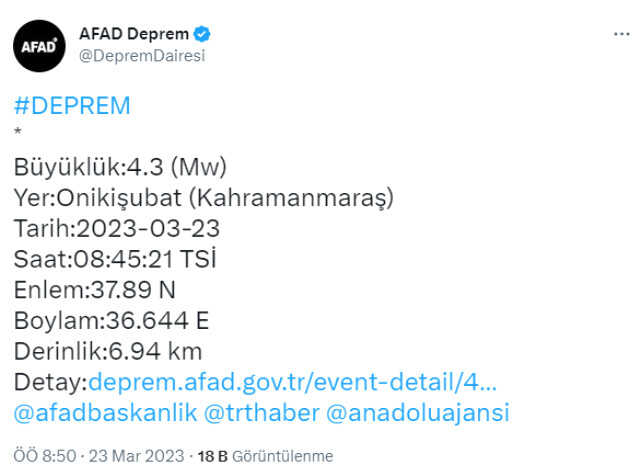 Kahramanmaraş'ın Onikişubat ilçesinde 4.3 büyüklüğünde deprem Kahramanmaraş'ın Onikişubat ilçesinde 4.3 büyüklüğünde deprem