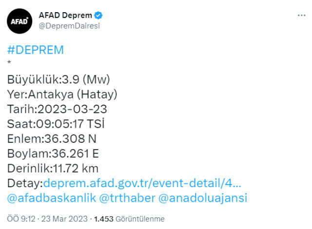 Kahramanmaraş'ın Onikişubat ilçesinde 4.3 büyüklüğünde deprem Kahramanmaraş'ın Onikişubat ilçesinde 4.3 büyüklüğünde deprem