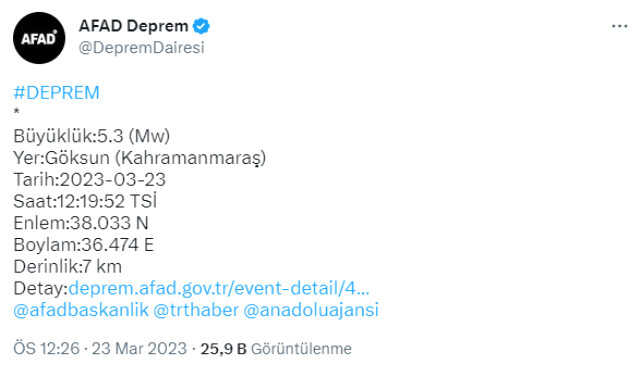 Son Dakika: Kahramanmaraş'ta 5.3 büyüklüğünde deprem
