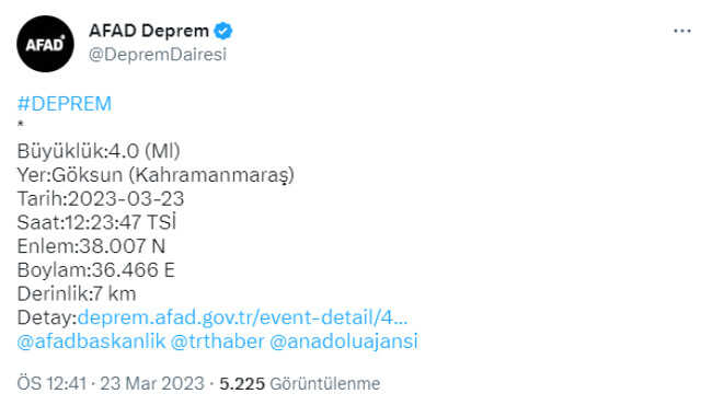 Son Dakika: Kahramanmaraş'ta 5.3 büyüklüğünde deprem