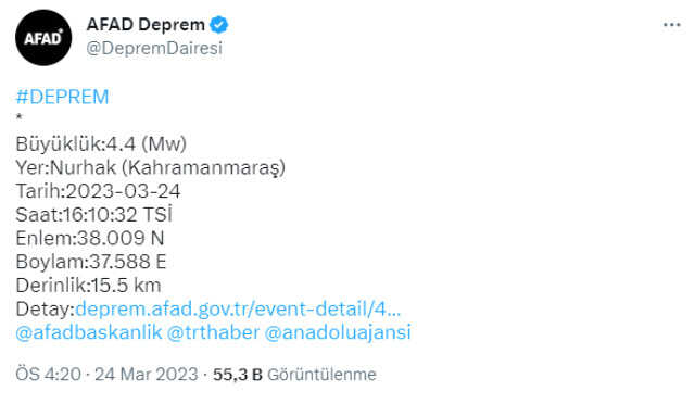 Kahramanmaraş'ta 4.4 büyüklüğünde deprem meydana geldi Kahramanmaraş'ta 4.4 büyüklüğünde deprem meydana geldi